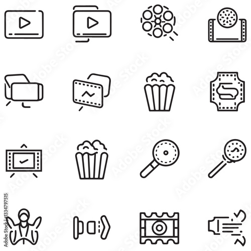 Cinema set of web icons in black line style. Movie and Film linear icon collection. Containing video, movie theater, 3d, vr, popcorn, ticket, director, soundtrack 