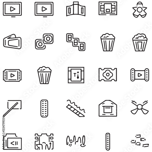 Cinema set of web icons in black line style. Movie and Film linear icon collection. Containing video, movie theater, 3d, vr, popcorn, ticket, director, soundtrack 