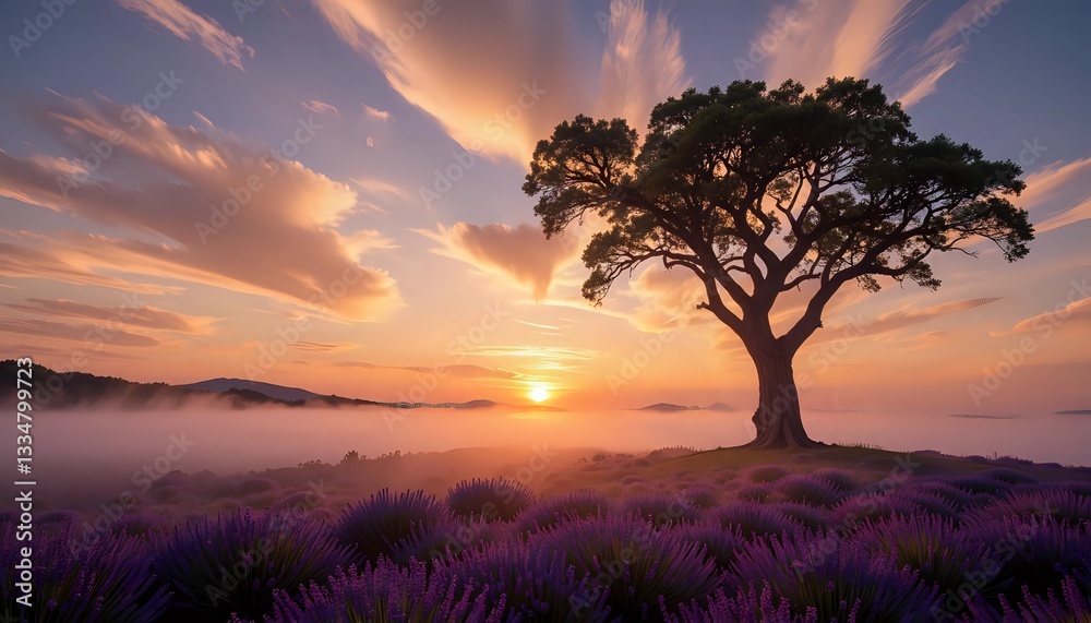 Fototapeta premium Lavender field, tree at sunset - serene, peaceful landscape