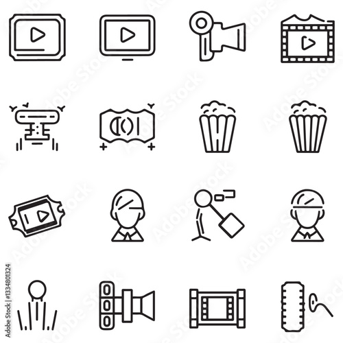 Cinema set of web icons in black line style. Movie and Film linear icon collection. Containing video, movie theater, 3d, vr, popcorn, ticket, director, soundtrack 