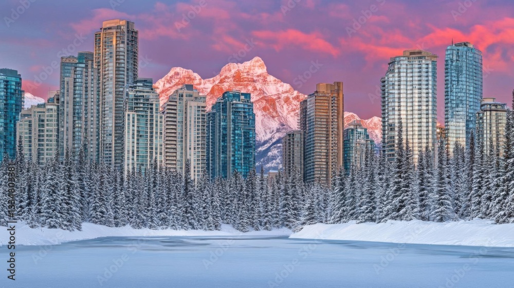 Fototapeta premium Winter Cityscape: Frozen Lake, Skyscrapers, Mountains