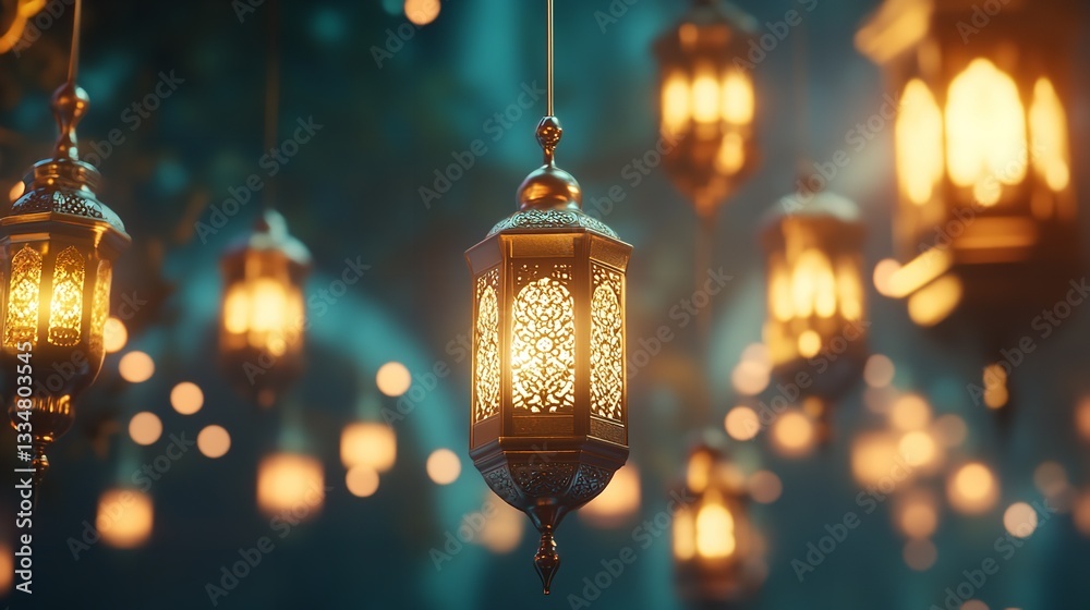 Golden Ramadan Lanterns Illuminate A Tranquil Night, Casting A Warm, Inviting Glow Against A Dark Teal Backdrop Golden Ramadan Lanterns Illuminate A Tranquil Night, Casting A Warm, Inviting Glow Against A Dark Teal Backdrop