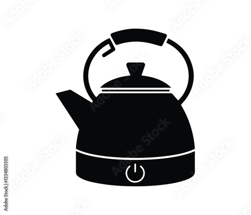 Simple, black and white silhouette of an electric tea kettle with a tea leaf design. Electric Tea Kettle with Tea Leaves Design.