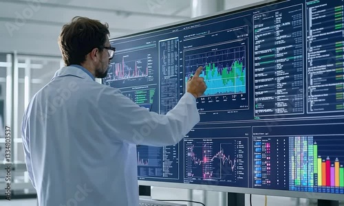 Scientist analyzing data trends on a large screen in a modern laboratory setting