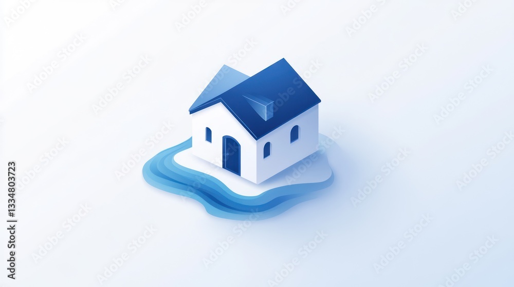 Isometric house, blue water, white background, home purchase, real estate Isometric house, blue water, white background, home purchase, real estate