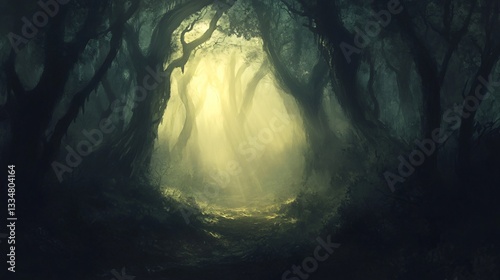 Majestic Sunlight Piercing Through Misty Dark Forest Landscape