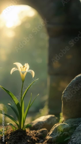 Elegant Easter lily blooming in soft sunlight, symbolizing hope and beauty in a natural setting.