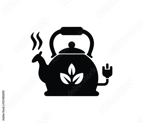 Simple, black and white silhouette of an electric tea kettle with a tea leaf design. Electric Tea Kettle with Tea Leaves Design.