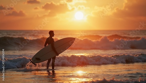 Serene Surfer Silhouette at Golden Sunset with Copy Space