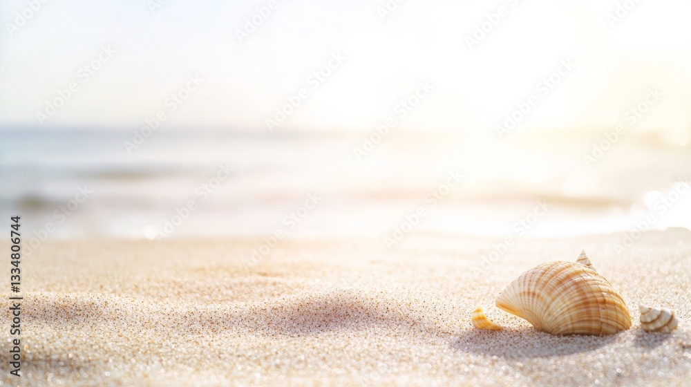Golden sunset reflecting on the tranquil ocean waves with seashells on the sandy beach shore in the summertime Golden sunset reflecting on the tranquil ocean waves with seashells on the sandy beach shore in the summertime