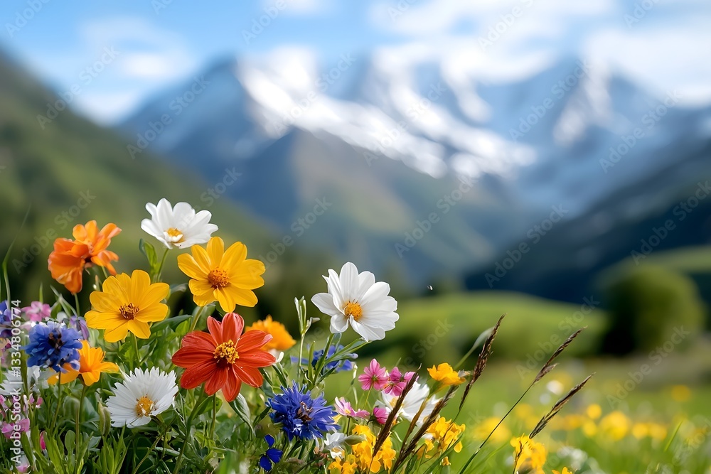 Obraz premium A serene idyllic garden paradise bursting with an abundance of colorful fragrant wildflowers set against the towering snow capped peaks of an alpine mountain range