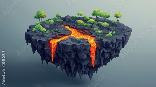 Volcanic Island Floating in the Sky Surreal Landscape with Lava Flow and Lush Vegetation