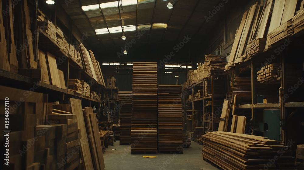 Obraz premium Wood lumber warehouse interior, stacks of wood, storage. Possible use Stock photo for woodworking, construction, lumber industry
