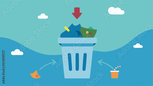 Plastic Waste Disposal An of a trash bin overflowing with various types of plastic waste with arrows pointing towards a nearby river or ocean emphasizing how waste can
