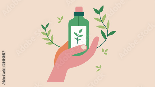 Natures Touch A hand cradling a skin serum bottle with plant vines growing around it symbolizing the origin of exosome ingredients from natural sources.