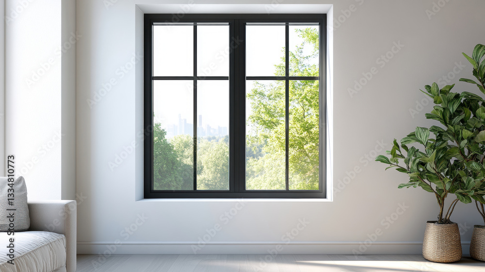 Fototapeta premium Modern residential window with lake and forest view. view of nature can be seen through the window. modern design. The single-hung window 3d illustration.