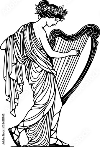woman playing harp line art