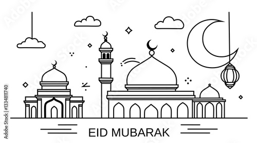 A clean and elegant line art illustration of a mosque with a crescent moon, lantern, and decorative elements, perfect for Eid and Ramadan themes.