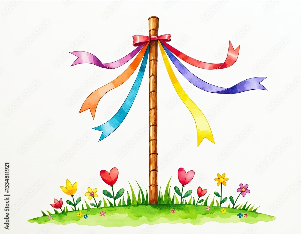 Watercolor Maypole with Colorful Ribbons and Flowers