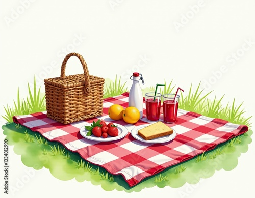 Idyllic Summer Picnic Scene Basket, Drinks, Fruit, and Cake on Red Gingham Blanket