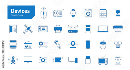 Devices Blue Line Icons Set. Mobile, Laptop, SSD, HDD, Graphic Card, Smart Watch, AC, TV, Camera, Projector, Microwave, Telephone, Router Icons Editable Stroke Vector Illustration