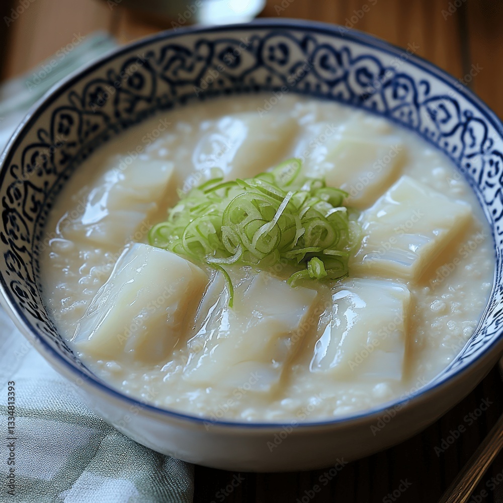 Delicious Korean Tteokguk in Traditional Blue Ceramic Bowl with White Rice Cake Slices and Garnished with Fresh Green Onions Ideal for Lunar New Year Celebrations Delicious Korean Tteokguk in Traditional Blue Ceramic Bowl with White Rice Cake Slices and Garnished with Fresh Green Onions Ideal for Lunar New Year Celebrations