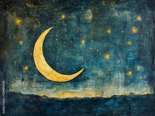A Golden Crescent Moon and Sparkling Stars: An Enchanting Night Sky Landscape Painting with Cosmic and Dreamy Celestial Art Design, and Textured Backdrop photo