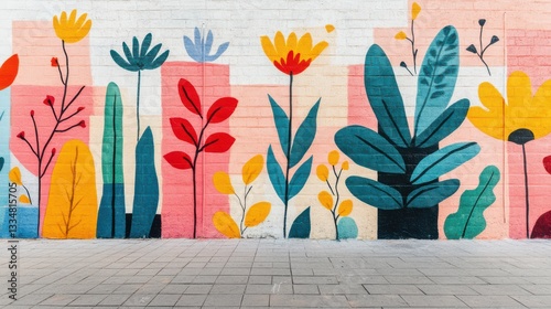Colorful Mural with Abstract Flowers and Leaves on Urban Wall