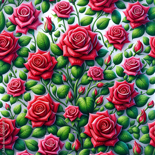 Red roses with green leaves Pattern.