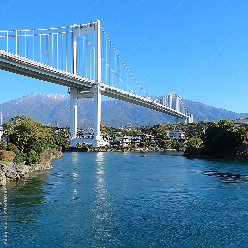 Fototapeta premium White bridge, mountain view, calm water, Japan