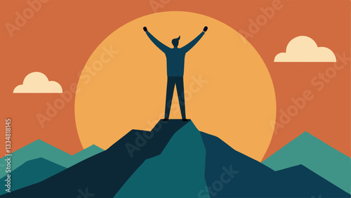 Mountain Summit An individual is standing triumphantly on top of a mountain arms raised in victory. The sun rises in the background creating a sense of achievement and new