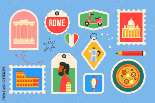 Travel to Rome modern stickers and stamps design in trendy geometrical style. Template for greeting cards, banner and background
