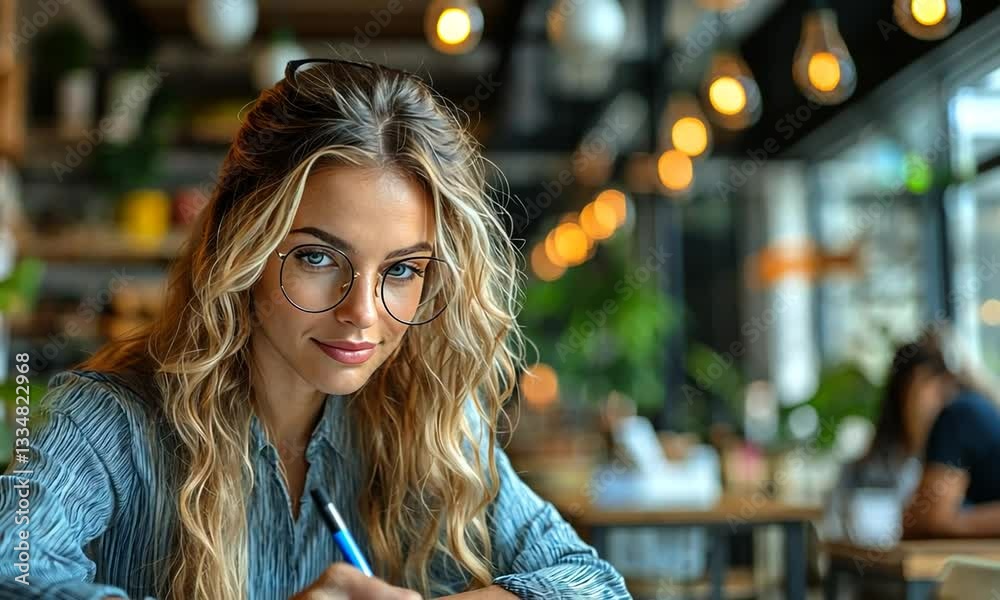 Young woman with glasses writing in a cafe, surrounded by plants and soft lighting Young woman with glasses writing in a cafe, surrounded by plants and soft lighting