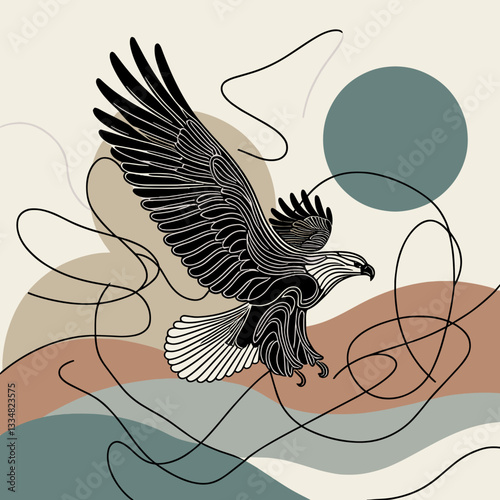 Dynamic eagle illustration with flowing lines and abstract shapes on a light background