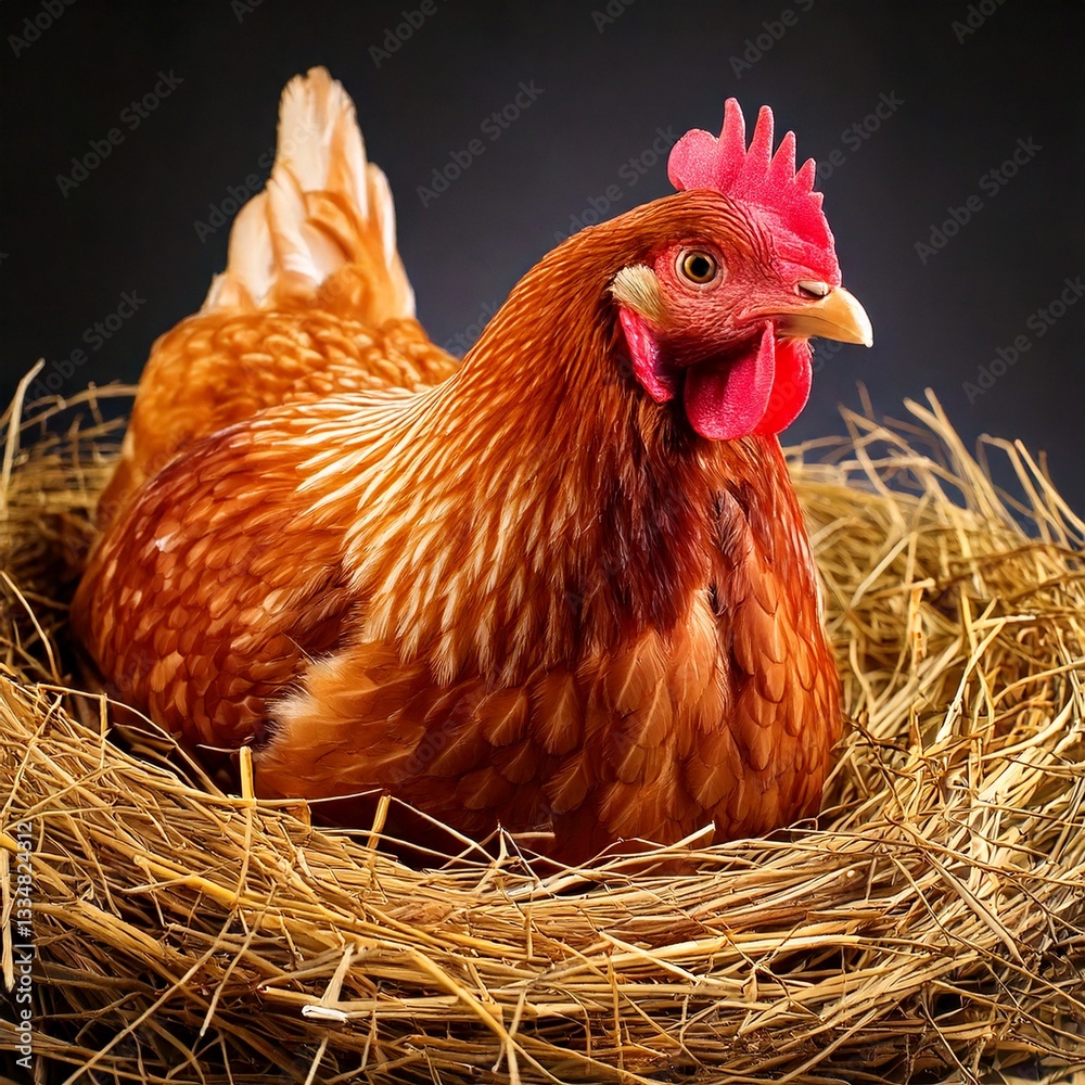 a hen sitting on a straw nest