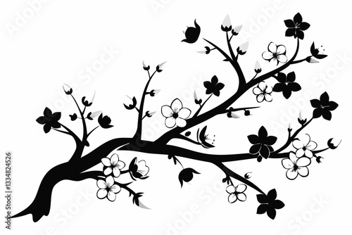 flowering tree branch line art silhouette vector illustration