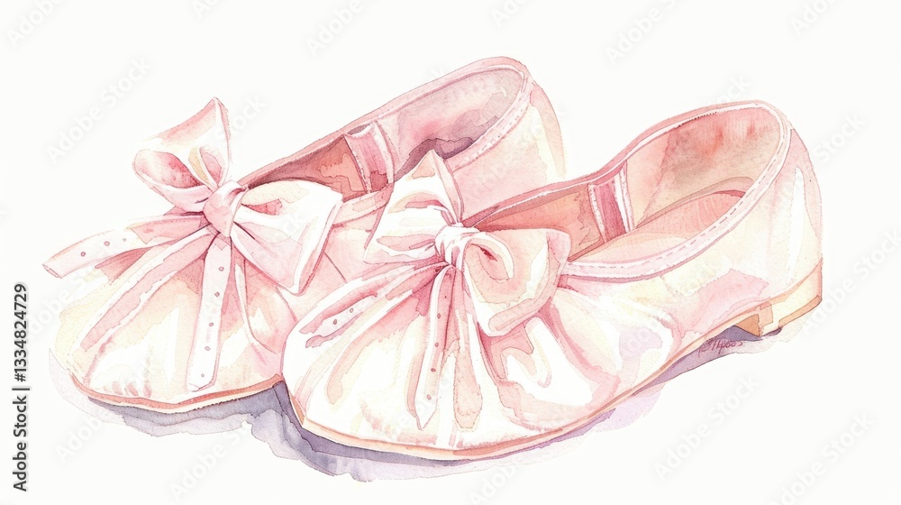 Watercolor Painting of a Pair of Pink Ballet Shoes with Bows Watercolor Painting of a Pair of Pink Ballet Shoes with Bows