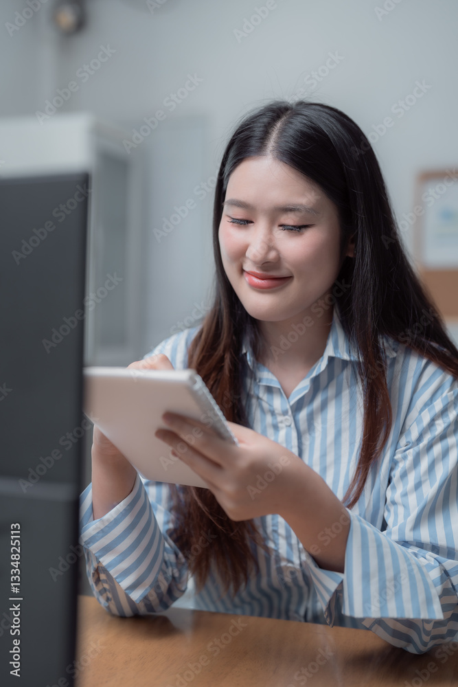 Young Asian businesswoman working from home, sitting at a desk and engaging with a digital tablet and computer, smiling while maintaining focus and enthusiasm for her tasks Young Asian businesswoman working from home, sitting at a desk and engaging with a digital tablet and computer, smiling while maintaining focus and enthusiasm for her tasks