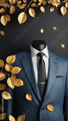 Blue suit on a mannequin with gold leaves. Elegant, fashion-forward design perfect for apparel, style, or decorative themes.