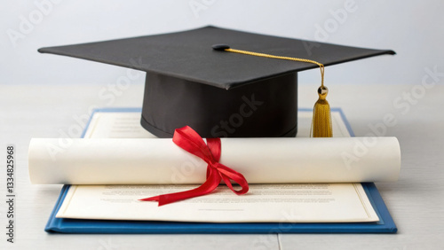 Graduation cap and diploma on certificate symbolize achievement and success photo