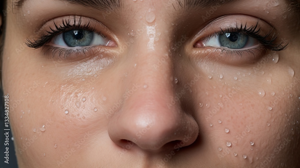 Naklejka premium Intense close-up capturing the mesmerizing blue eyes of a young woman, adorned with glistening water droplets, emphasizing purity and natural beauty