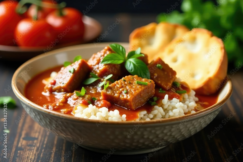 Crispy bread on top of white rice bowl with savory veal pieces in a garlicky sauce, arabic, saucy, fettah Crispy bread on top of white rice bowl with savory veal pieces in a garlicky sauce, arabic, saucy, fettah