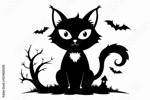 halloween cat line art silhouette vector illustration