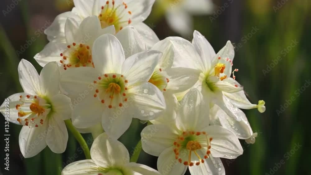 Close-up of white daffodils with yellow centers and orange stamens in sunlight. Close-up of white daffodils with yellow centers and orange stamens in sunlight.