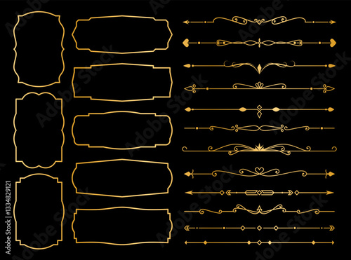 Decorative border lines of banner elements and frames in premium gold