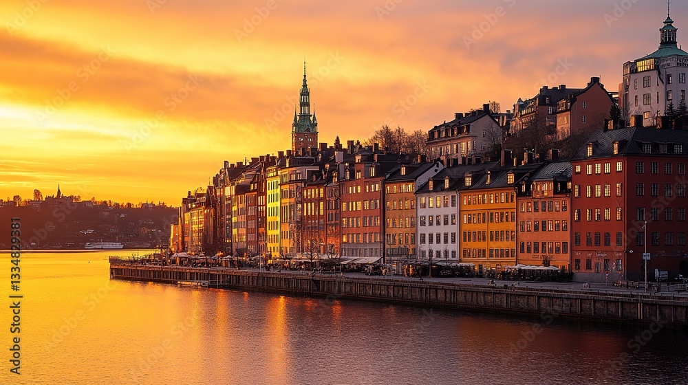 Obraz premium Golden Sunset Over Modern Cityscape, A Moment of Urban Tranquility 