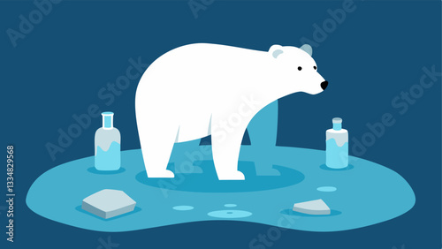 Polar Bear and Plastic A sad polar bear standing on a small ice floe surrounded by floating plastic bottles and bags highlighting the effect of plastic waste on polar habitats.