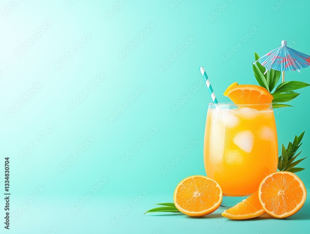 Fototapeta premium Refreshing orange cocktail with umbrella and slices on a vibrant background
