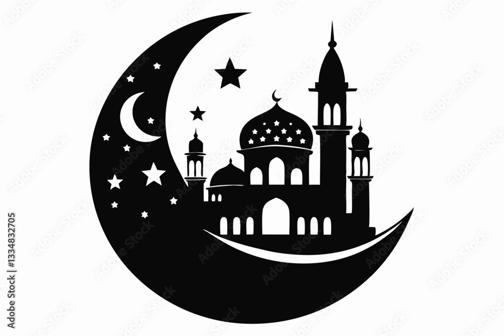Fototapeta premium moon with mosque laser cutting line art silhouette vector illustration