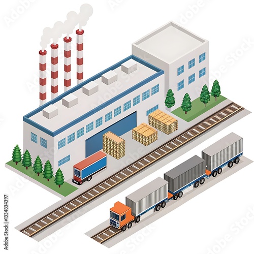 Isometric Cartoon Factory Illustration: White Building, Striped Chimneys, Train Tracks, and Crates - Download High-Quality Image Today!.